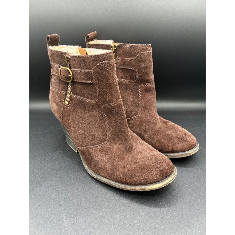 Lucky Brand Brown Suede Shearling Lined Ankle Boots Buckle 8.5M